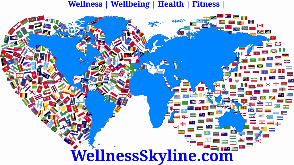 A heart-shaped globe uniting world flags, symbolizing global healing and a wellness message for humanity.