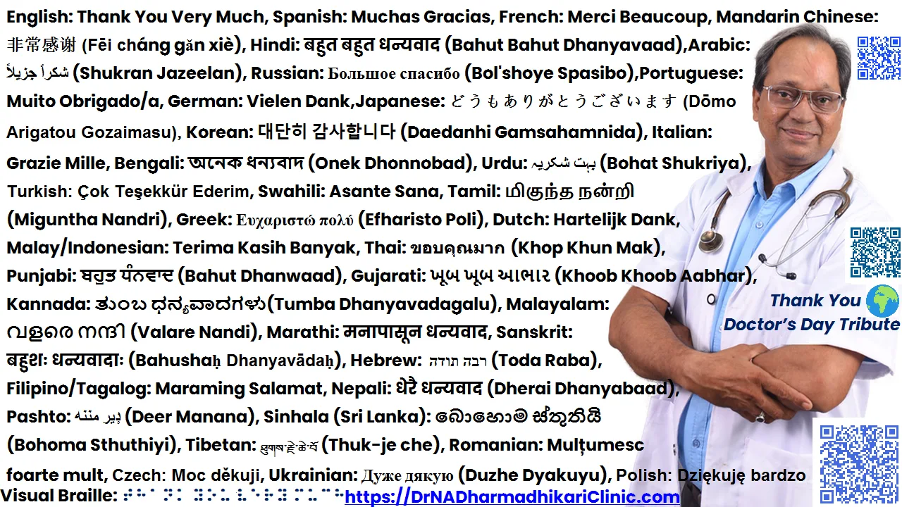 Global thank you tribute in multiple languages – Dr. N. A. Dharmadhikari Global Wellness Skyline
