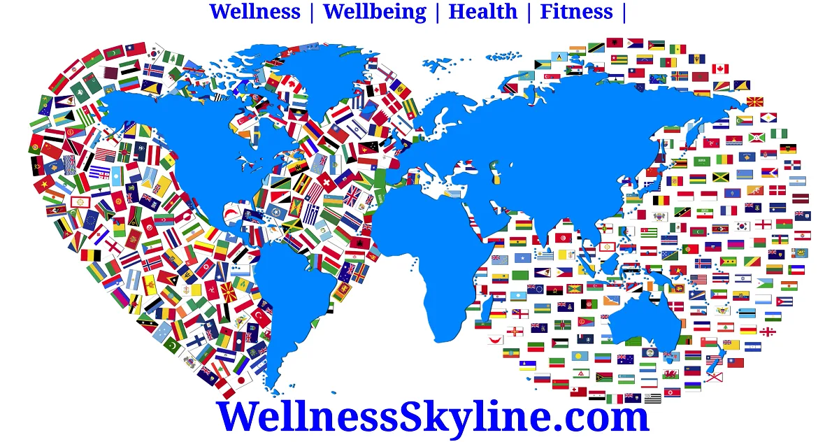 Global map in heart shape with national flags, symbolizing unity through wellness, wellbeing, health, and fitness.