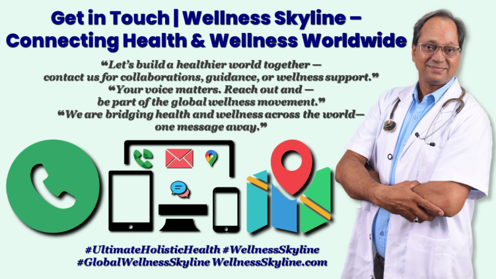 Wellness Skyline contact banner connecting health and wellness worldwide with Dr. N. A. Dharmadhikari
