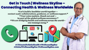 Wellness Skyline contact banner connecting health and wellness worldwide with Dr. N. A. Dharmadhikari