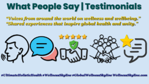 Wellness testimonial banner highlighting global voices and shared experiences, with icons for speech, reviews, handshake, and unity.