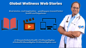 Global wellness storyteller with open book, film reel, and cross-platform devices on a sky gradient background, representing inspiring visual journeys of health, lifestyle, and holistic wellbeing.