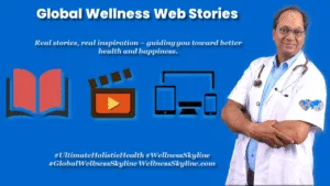 Global wellness storyteller with open book, film reel, and cross-platform devices on a sky gradient background, representing inspiring visual journeys of health, lifestyle, and holistic wellbeing.