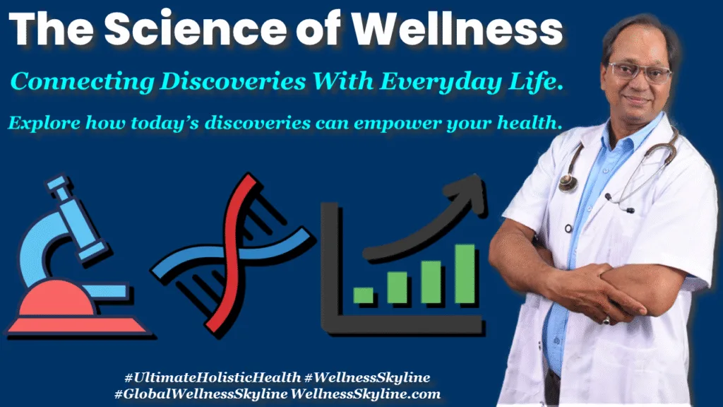 science wellness discoveries wellnessskyline Wellness research template with science icons, inspirational text, and healthcare branding.