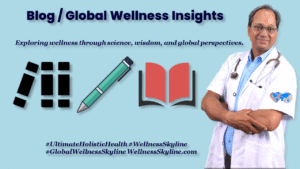 Global Wellness Skyline blog section titled "Global Wellness Insights" featuring Dr. N. A. Dharmadhikari with health icons on a pastel blue background.
