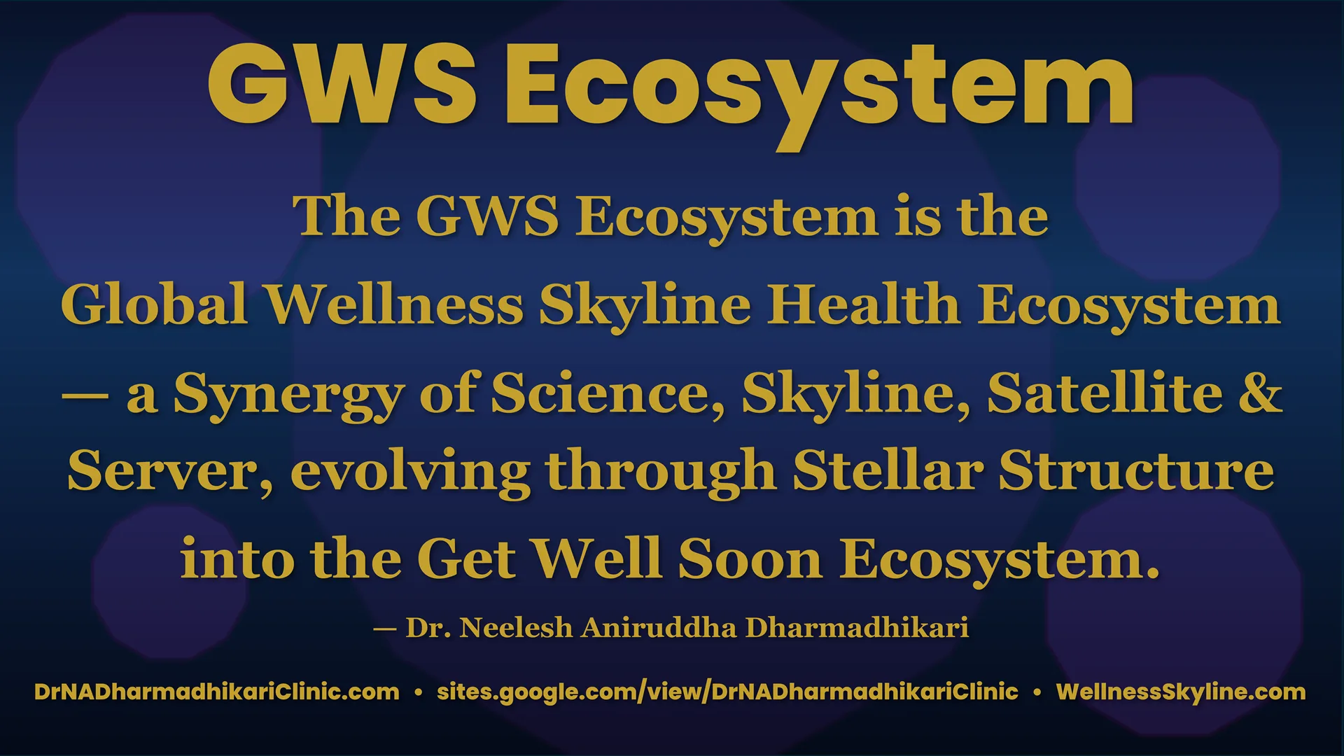 gws ecosystem global wellness skyline health ecosystem Visual declaration of the GWS (Global Wellness Skyline) Health Ecosystem integrating science, wellness, technology and stellar structure into a holistic “Get Well Soon” ecosystem framework by Dr Neelesh Aniruddha Dharmadhikari.