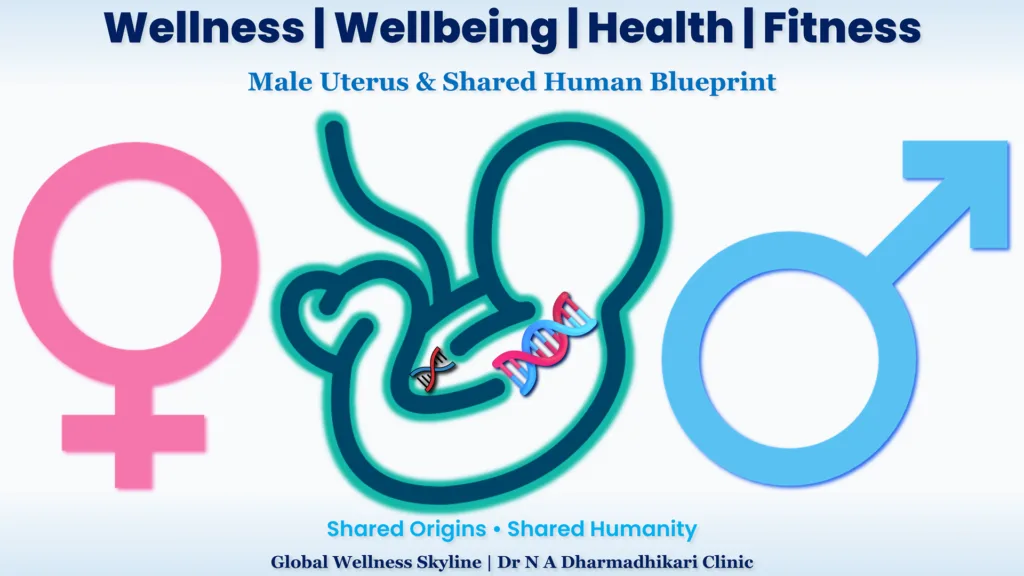 male uterus shared human blueprint wellness skyline Symbolic illustration of male and female biological origins with embryo, DNA, and shared human blueprint concept representing gender dignity and embryological similarities.