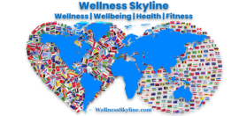 Official logo of Wellness Skyline featuring a heart-shaped globe of world flags representing holistic wellness and global unity.