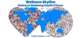 Official logo of Wellness Skyline featuring a heart-shaped globe of world flags representing holistic wellness and global unity.