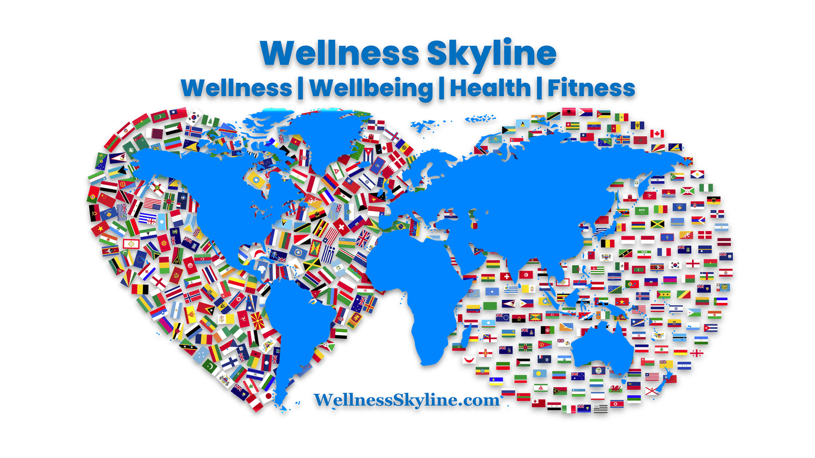 Heart-shaped globe of world flags representing global wellness, compassion and unity for humanity by Wellness Skyline.