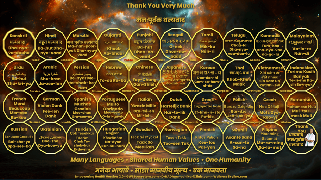 empowering health gws ecosystem thank you 40 languages 56 40-language Thank You closing slide with shared human values and one humanity.